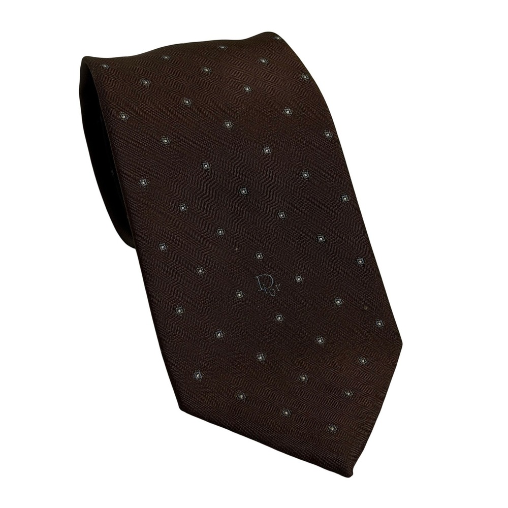 VTG Christian Dior Tie Brown Geometric Medallion Silk Designer Mens Accessory OS